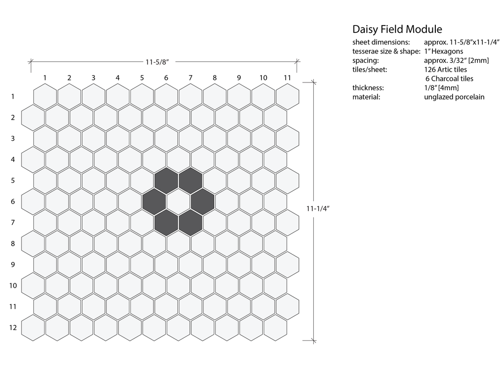 Charcoal Daisy Pattern - 1"Hex in Arctic background