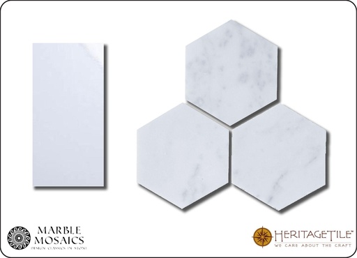 Honed marble 3&quot; hexagon Sample Card in 'Carrara White'
