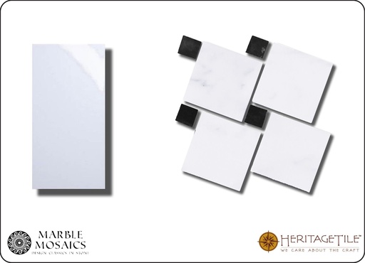 Honed marble Zanzibar Sample Card in 'Carrara White' with 'Jet Black' dot
